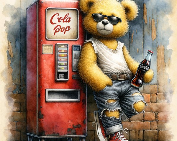 Anthropomorphic teddy bear by vintage cola vending machine
