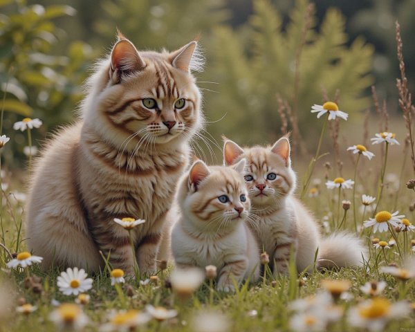 Fluffy golden-brown cat with playful kittens in meadow