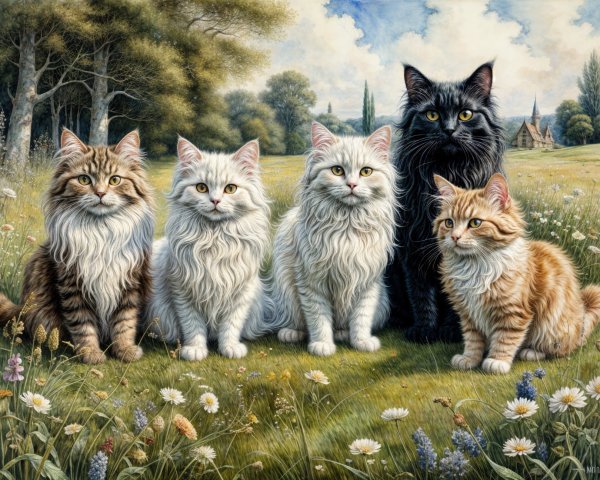 Majestic Cats in a Vibrant Meadow Landscape