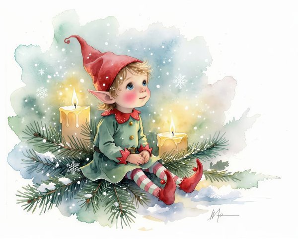 Whimsical Elf Illustration on Snowy Pine Branches