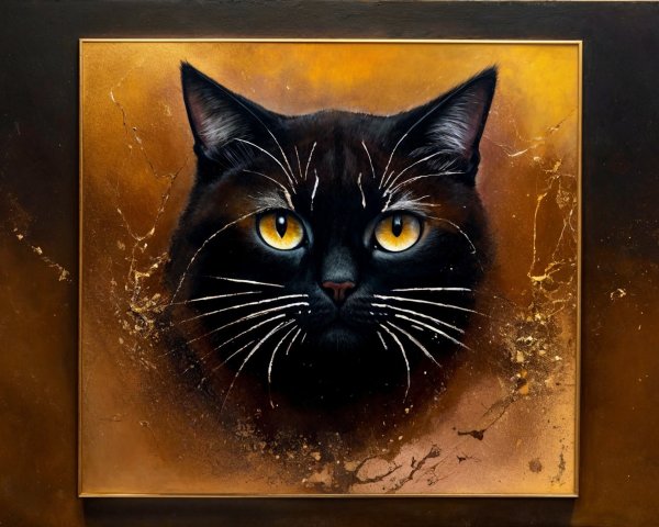 Portrait of a black cat with golden-brown background