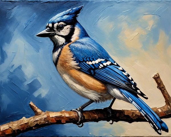 Vibrant Blue Jay on Textured Branch with Cloud Background