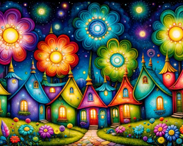 Whimsical Fairy-Tale Cottages in a Night Sky Landscape