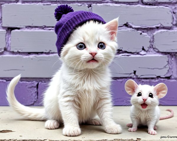 Fluffy White Kitten and Gray Mouse on Purple Bricks