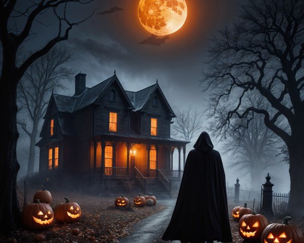 Haunting Victorian House with Eerie Moonlight and Pumpkins