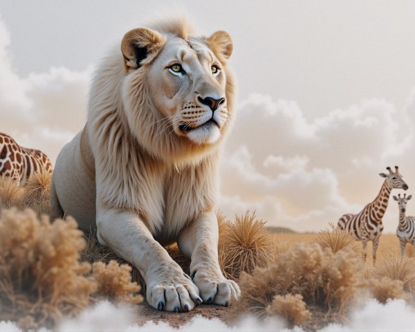 White Lion in Serene Savanna with Giraffes and Zebras