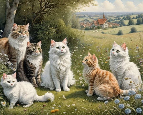 Six Cats in a Serene Meadow with Village Background
