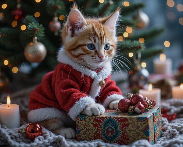 Fluffy Orange and White Tabby Kitten in Santa Suit