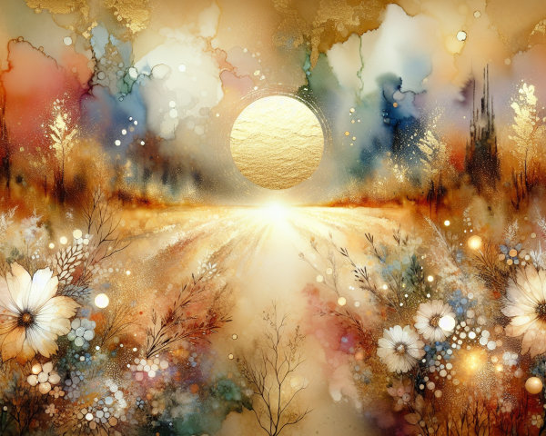 Vibrant Abstract Landscape with Golden Sun and Flowers