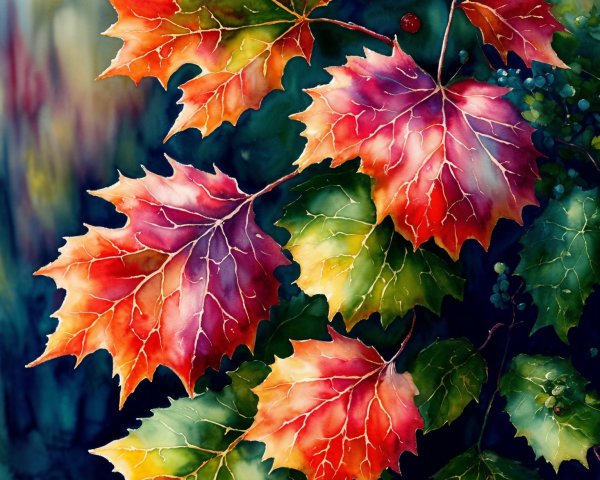 Vibrant Watercolor Painting of Autumn Leaves