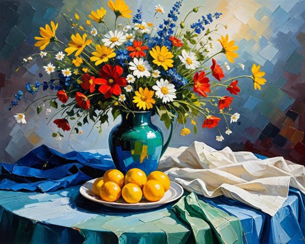 Vibrant Still Life of Wildflowers and Oranges
