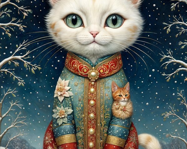 Whimsical Winter Scene with Elegant Cat and Kitten