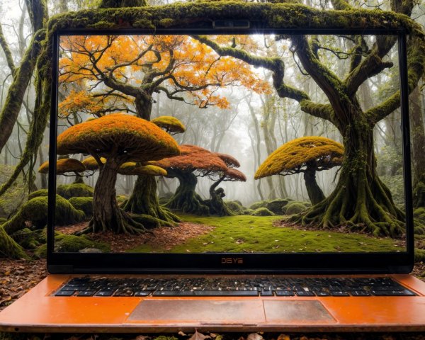 Surreal Scene of Laptop in Vibrant Forest Setting