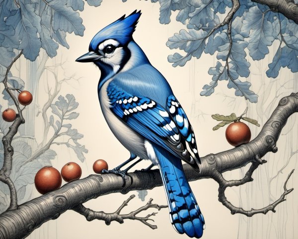 Vibrant Blue Jay on Branch with Lush Foliage and Acorns