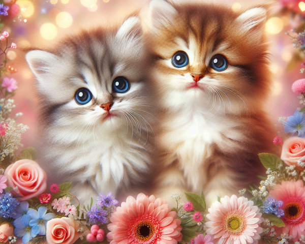 Kittens Surrounded by Pastel Flowers in Cheerful Scene