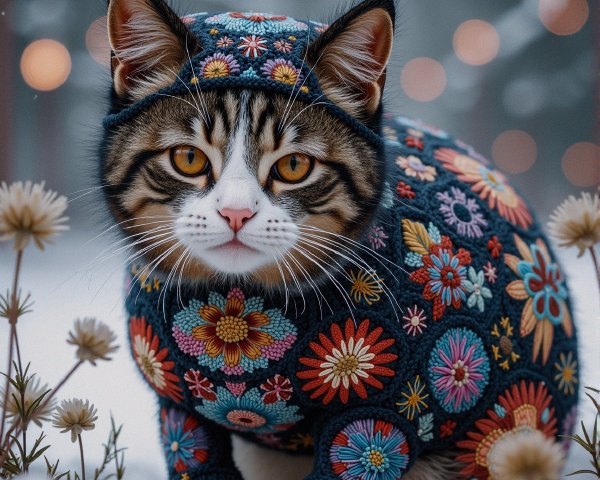 Charming Cat in Colorful Sweater in Snowy Landscape
