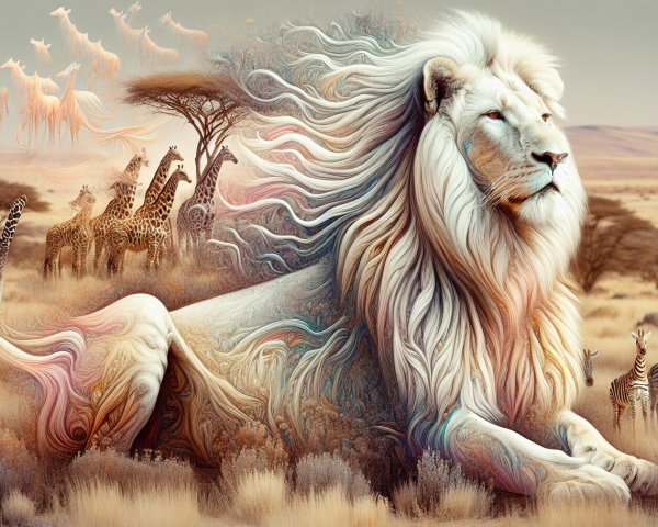 White Lion in Savanna with Giraffes and Zebras