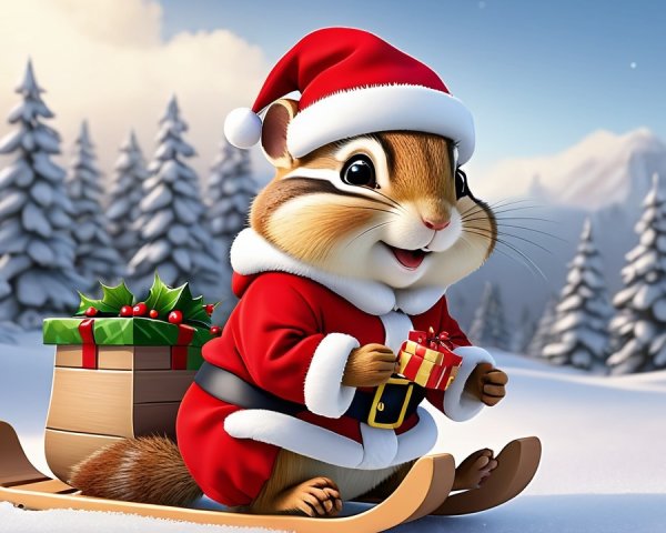 Chipmunk in Santa Suit on Sleigh in Snowy Landscape