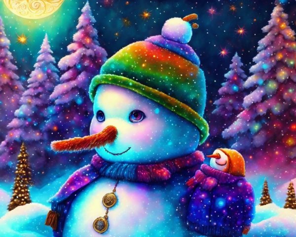 Whimsical Snowman in Colorful Winter Landscape