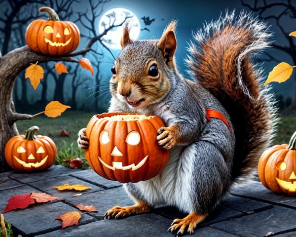 Cheerful Squirrel with Pumpkin in Spooky Night Scene