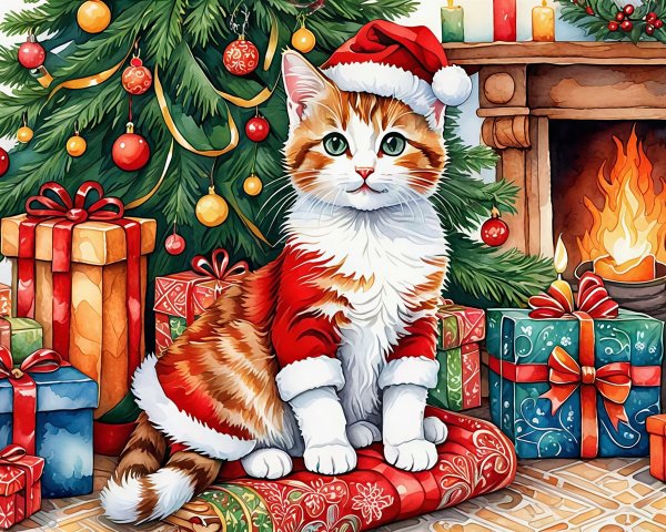 Striped Tabby Kitten in Santa Suit by Christmas Tree