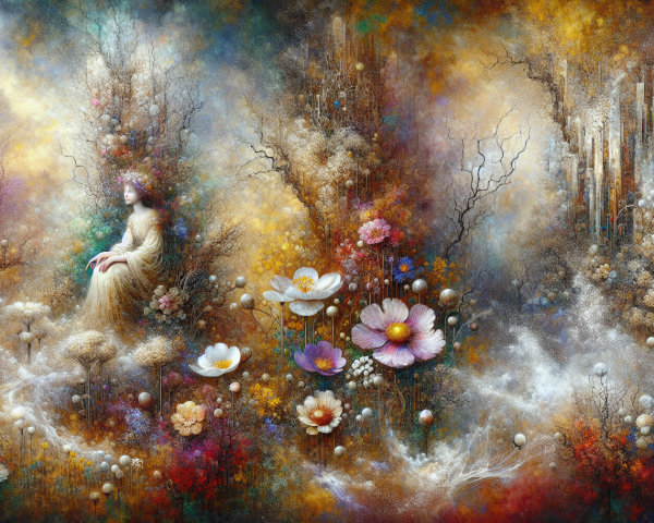 Vibrant Dreamlike Landscape with Serene Figure