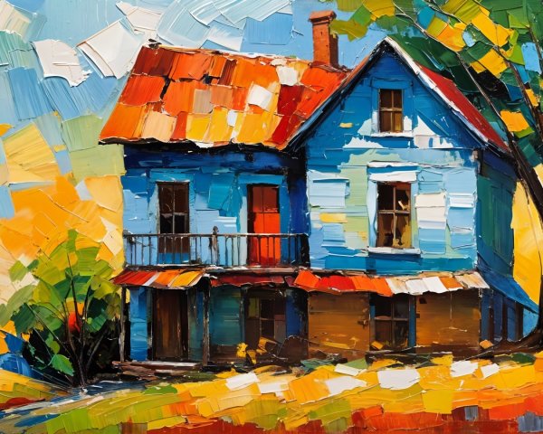Impressionistic Painting of Blue House with Red Roof