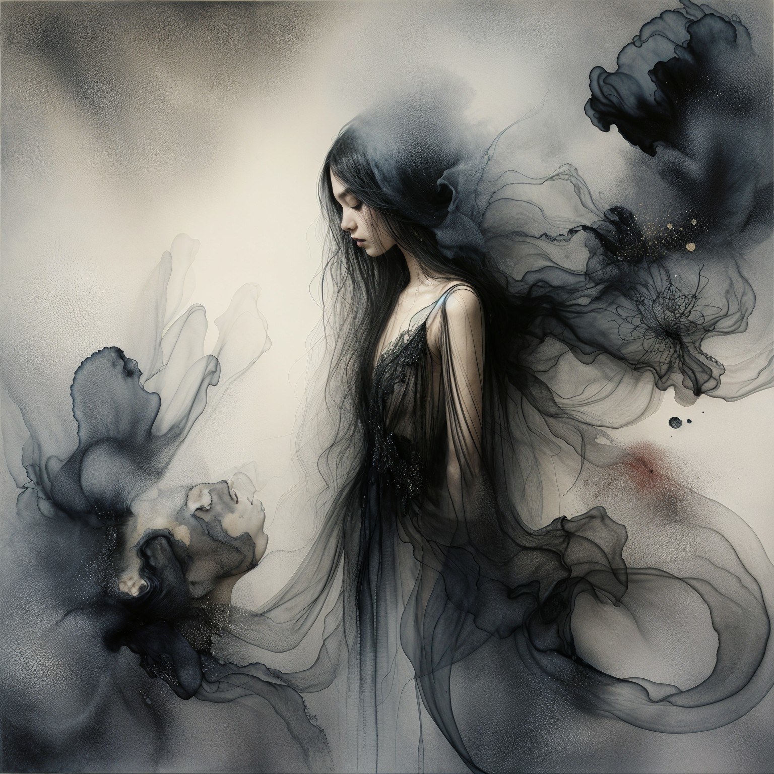 Mysterious Figure in Ethereal Black and Gray Wisps