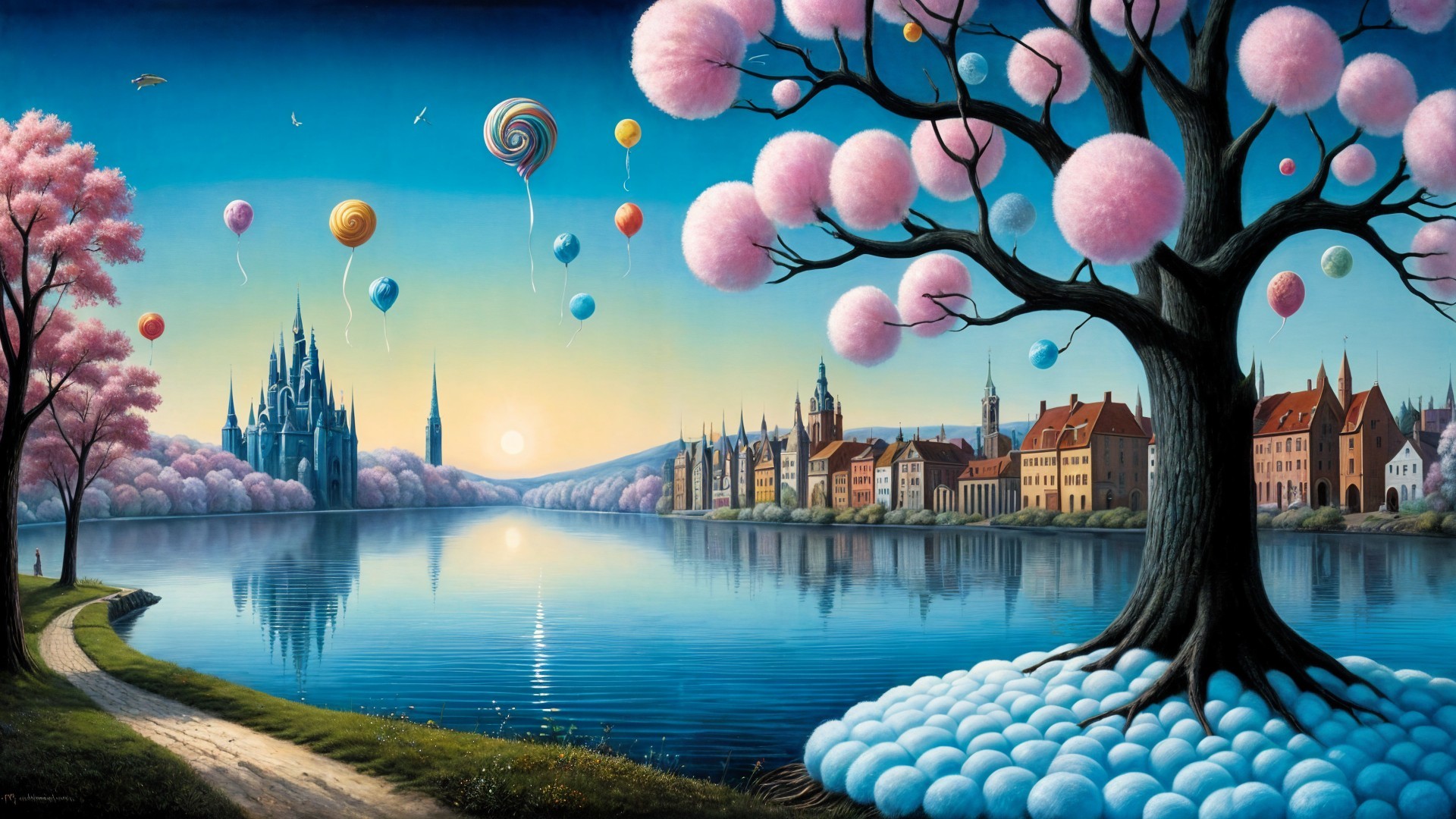 Whimsical Landscape with Serene River and Castle