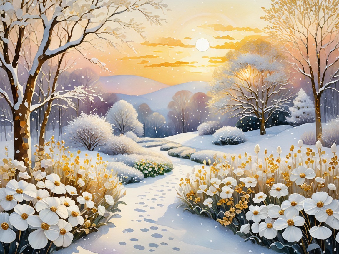 Snowy Winter Landscape at Sunset with Footprints