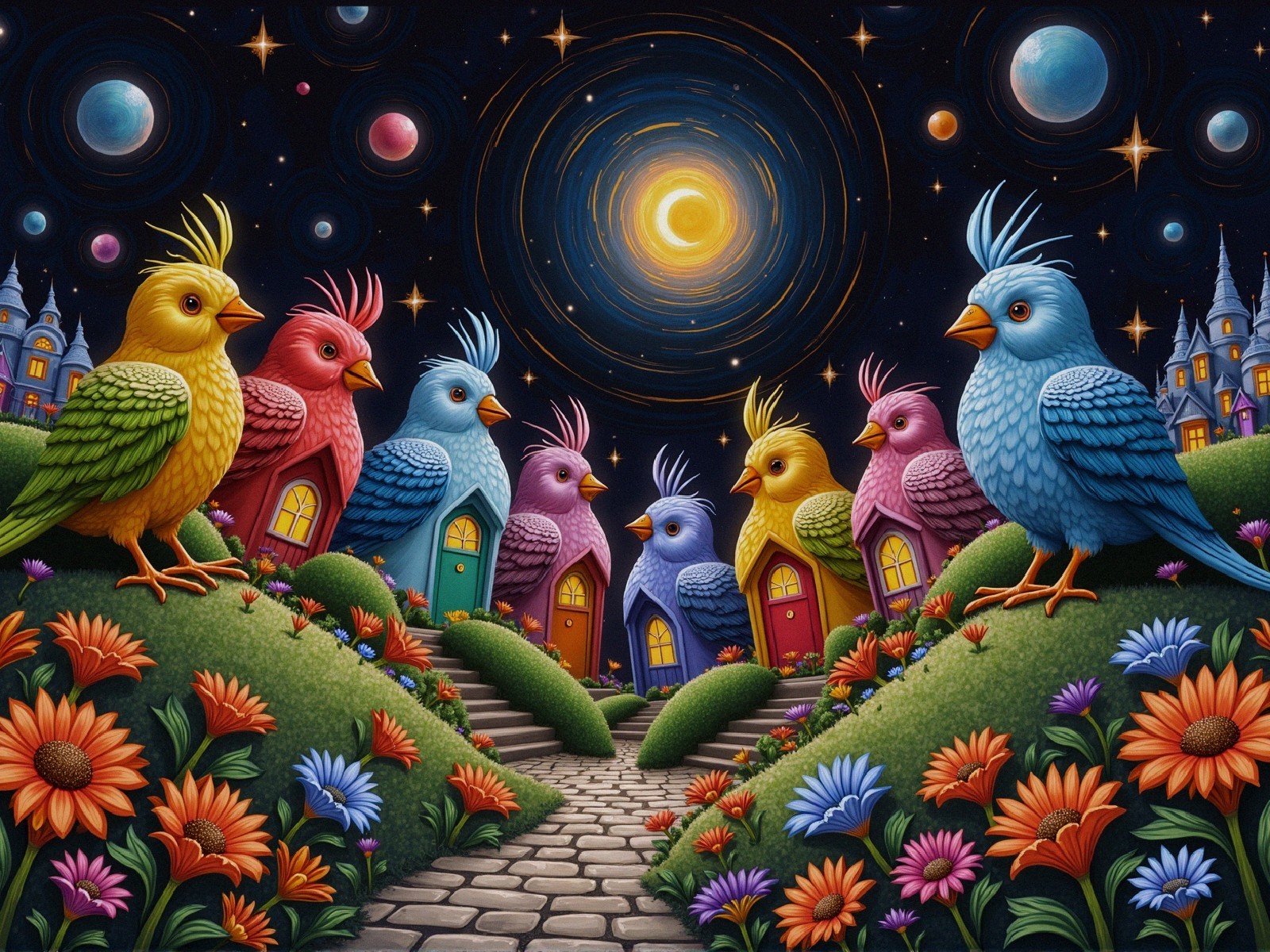 Whimsical Landscape with Colorful Birds and Houses