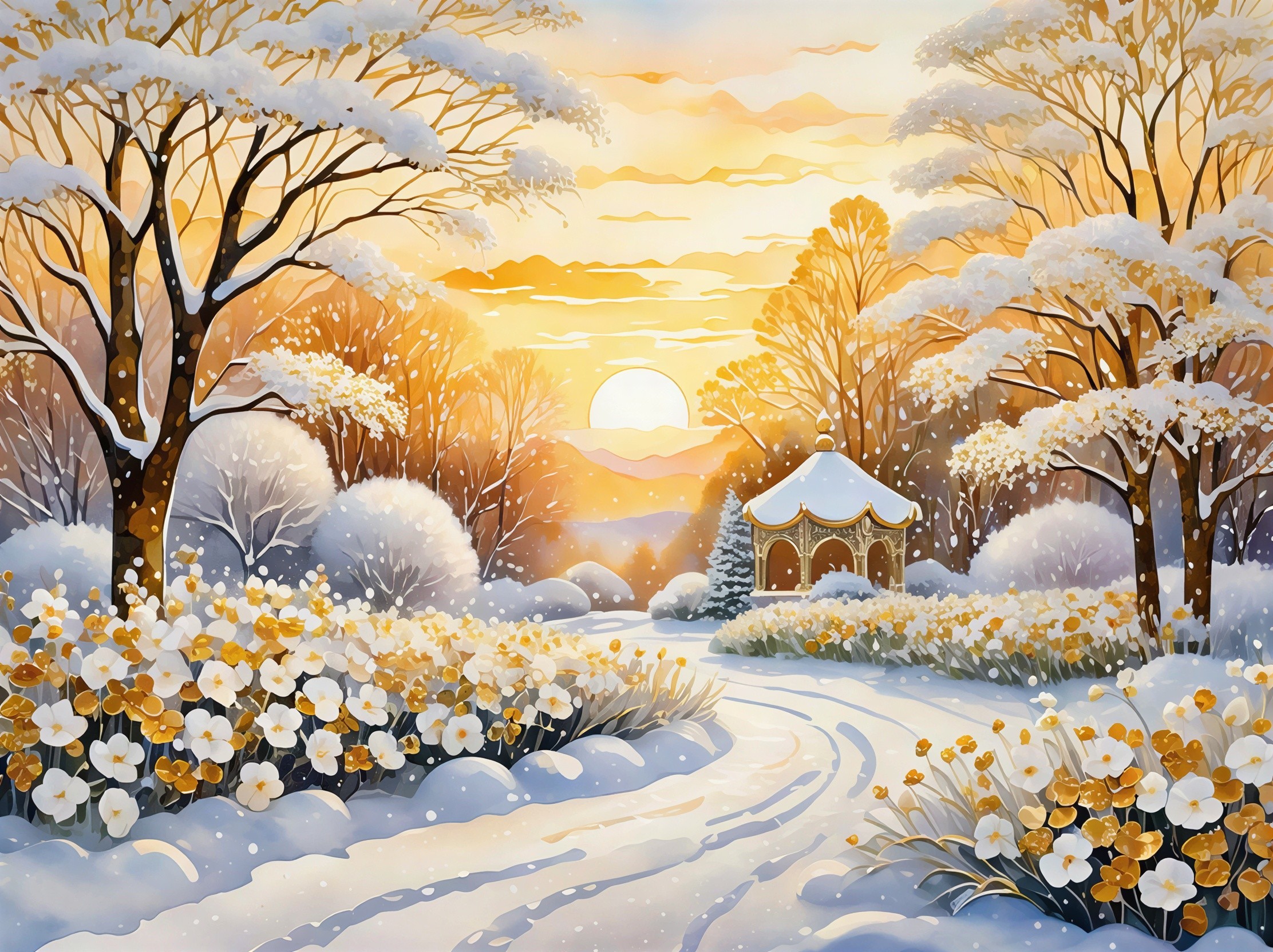 Watercolor Painting of a Snowy Wonderland at Sunrise