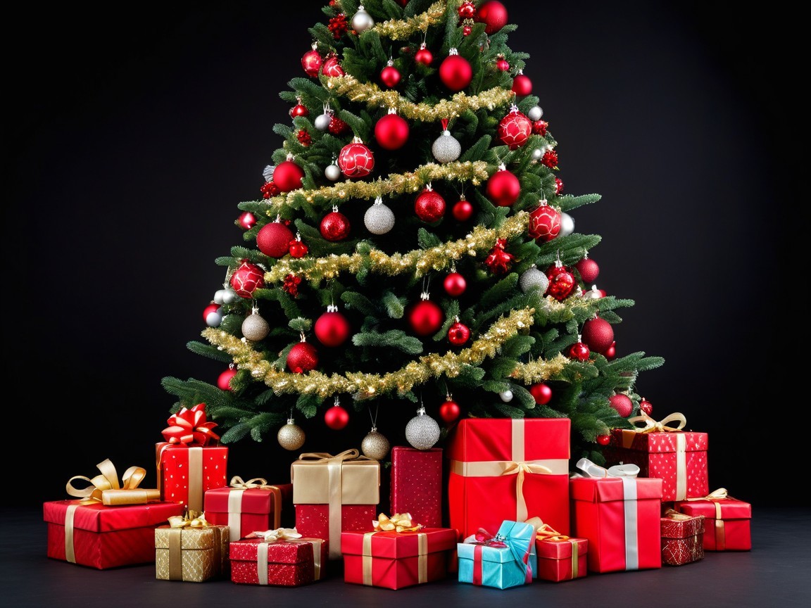 Decorated Christmas Tree with Gifts on Black Background