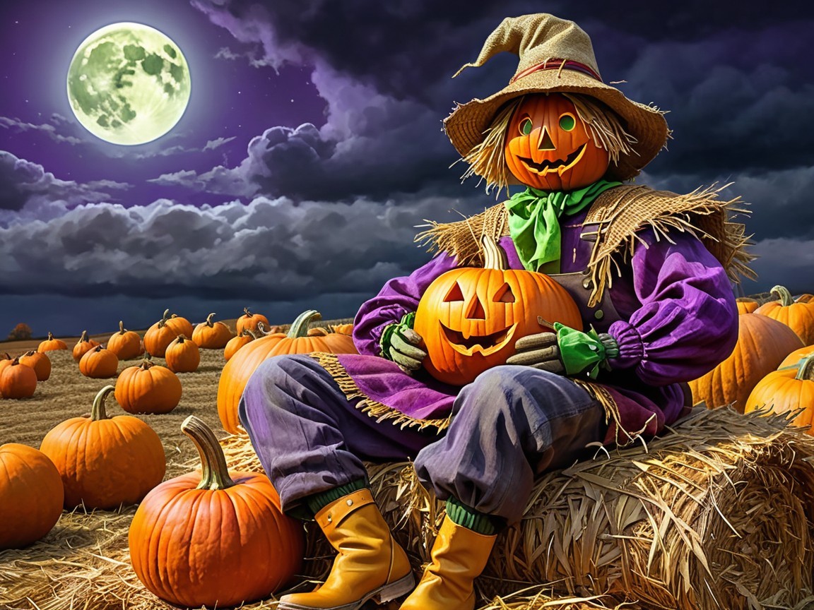 Whimsical Scarecrow in Pumpkin Patch at Night