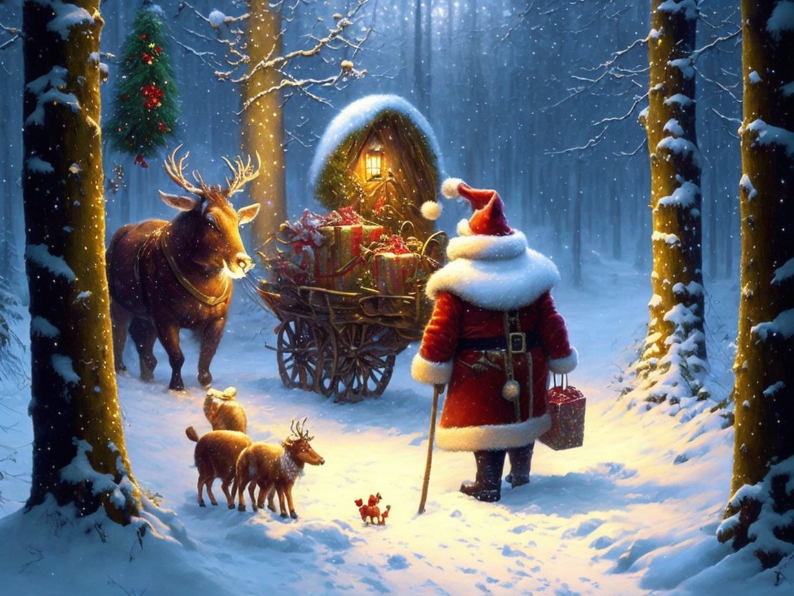 Santa Claus in a winter forest with a gift-laden cart