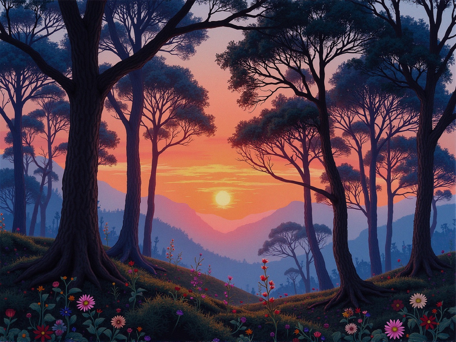 Serene Landscape with Sunset and Wildflowers