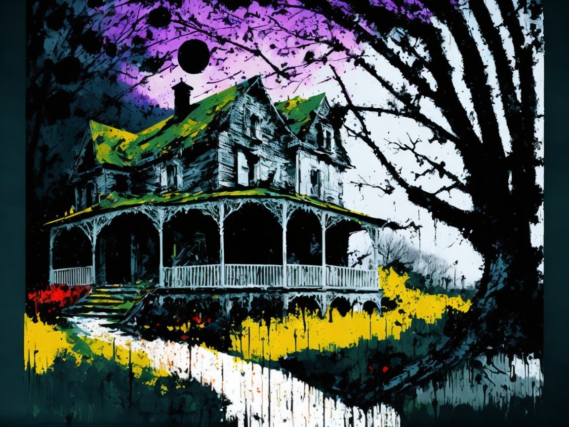 Victorian House with Wraparound Porch and Abstract Sky