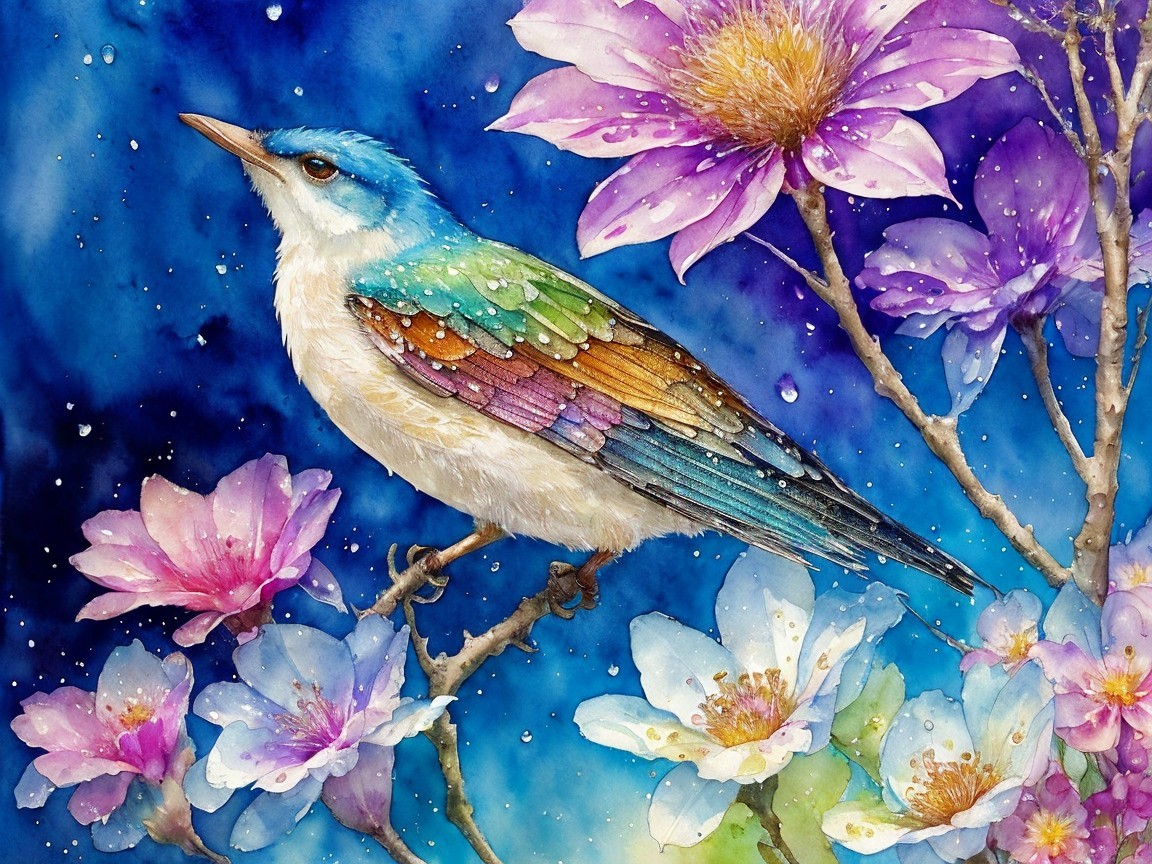 Vibrant Bird Illustration with Flowers and Dreamy Background