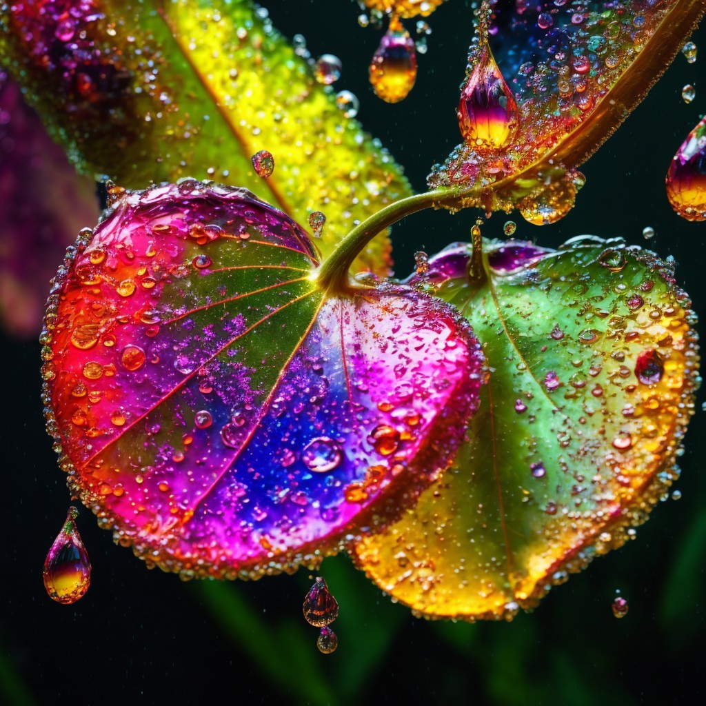 Vibrant Iridescent Leaves with Water Droplets