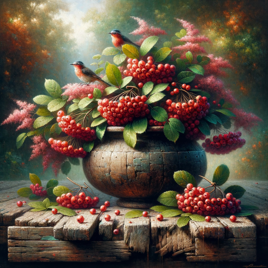 Rustic Wooden Pot with Red Berries and Green Leaves