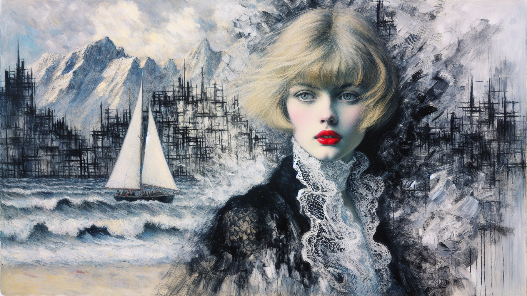 Blonde Woman in Lace Against Mountains and Ocean