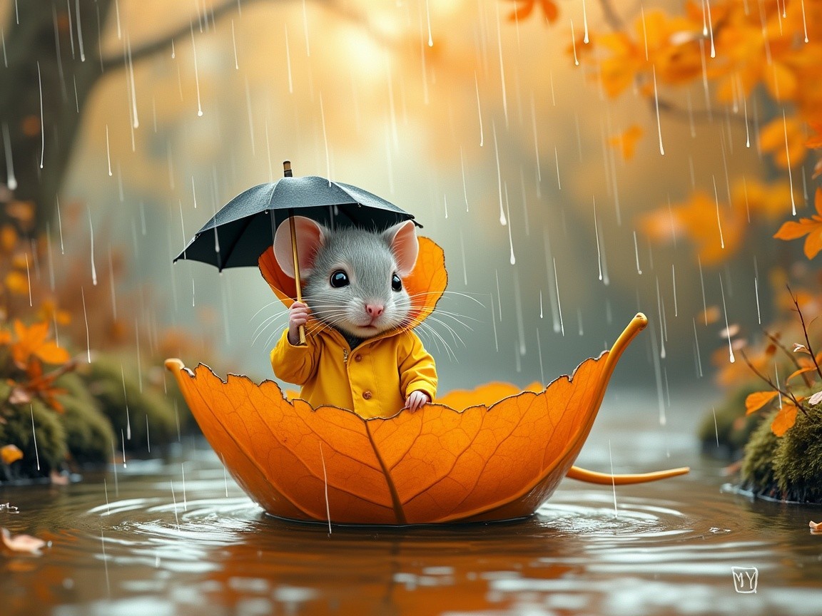 Mouse in Yellow Raincoat on Leaf Umbrella in Rain