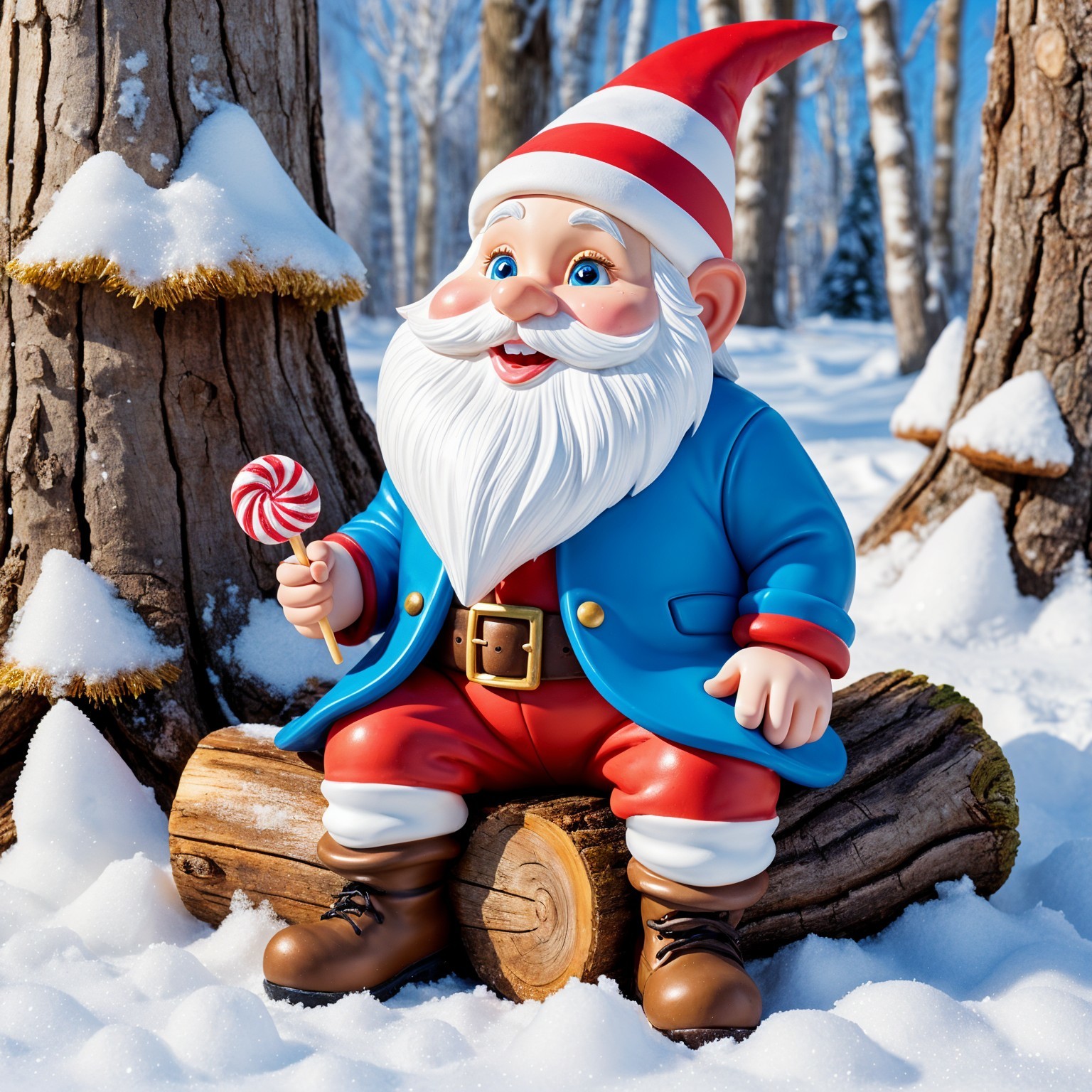 Cartoon Gnome in Snowy Forest with Lollipop
