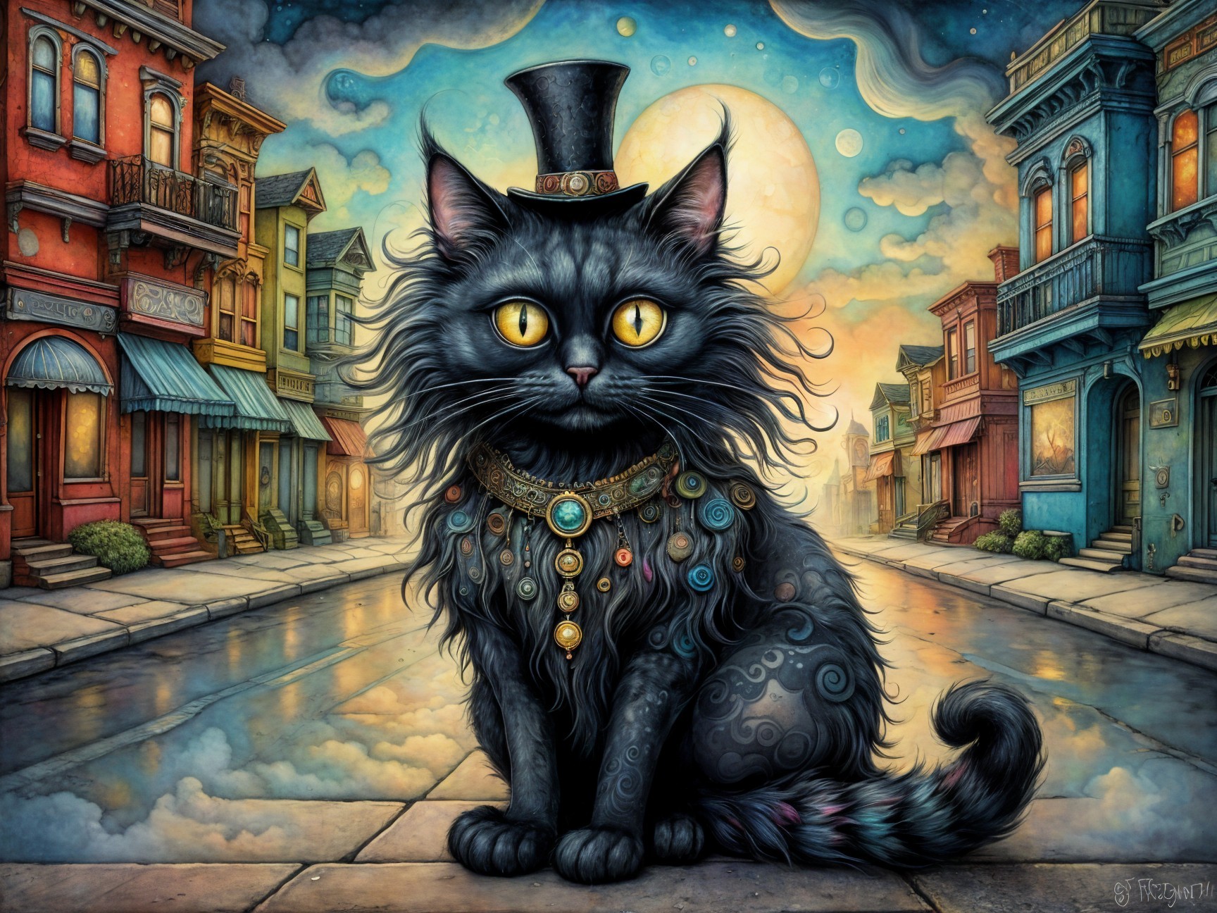 Whimsical Black Cat in Colorful Fantasy Setting