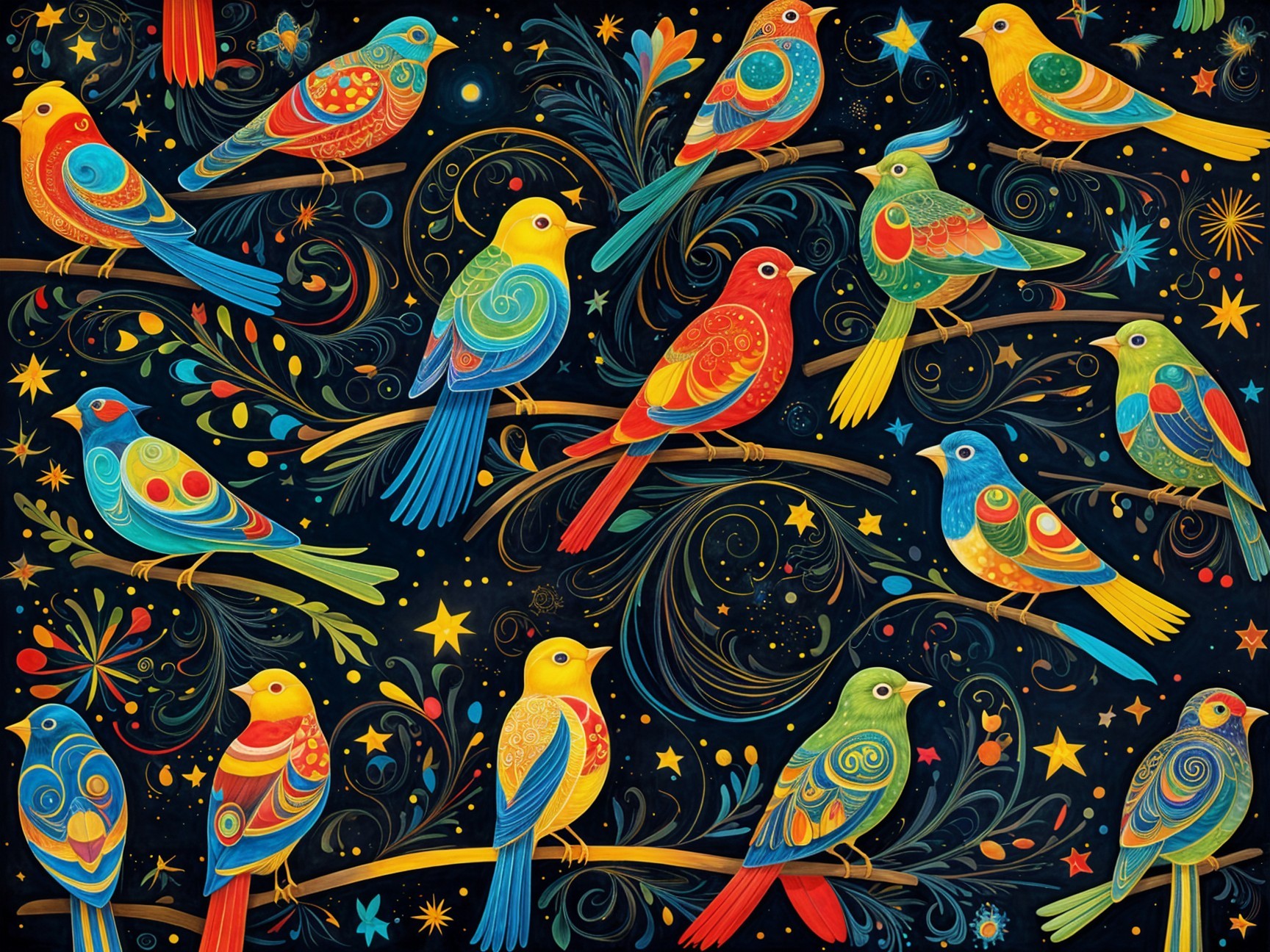 Colorful Birds on Branches with Starry Background