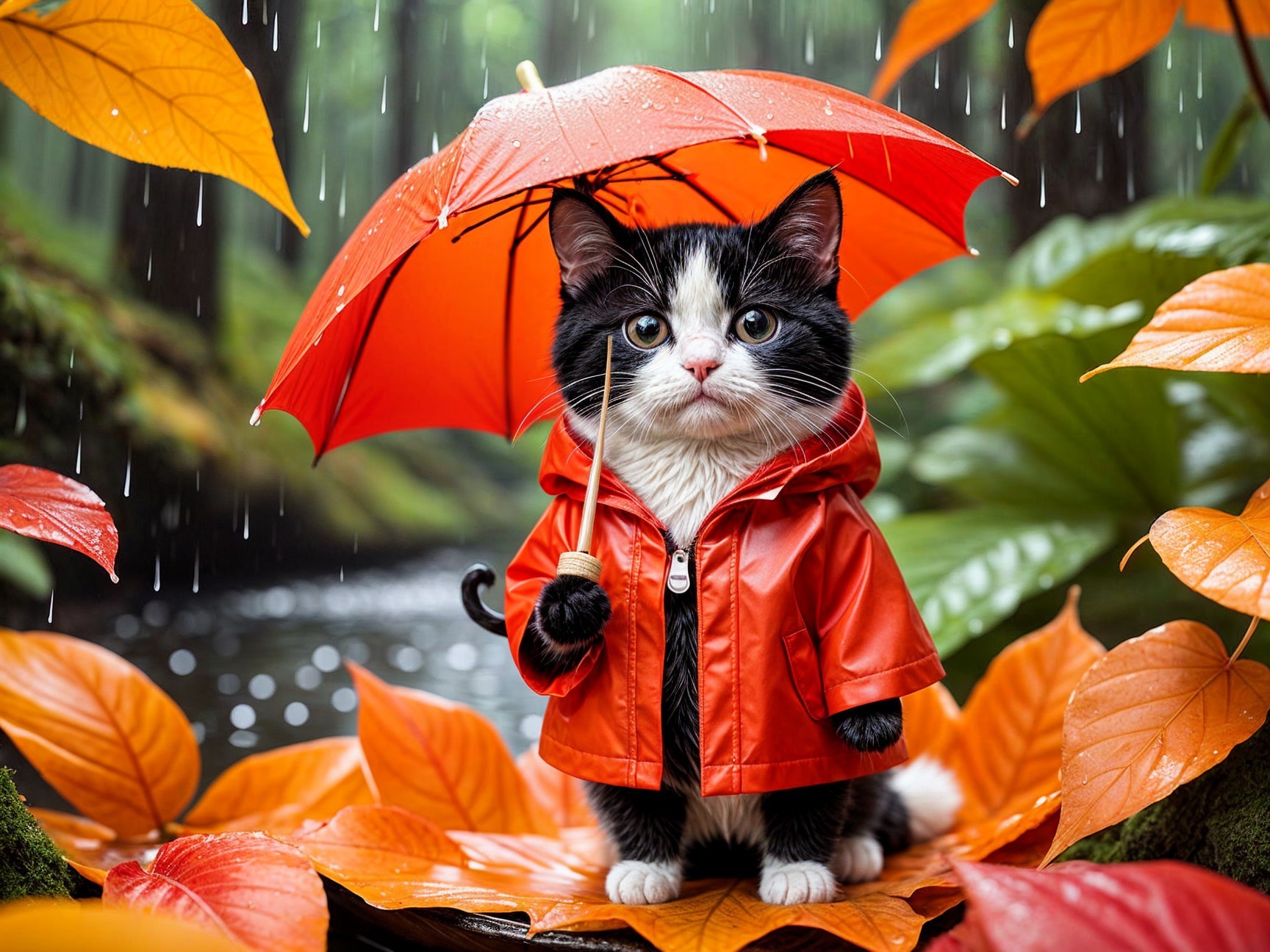 Black and white cat under orange umbrella in forest