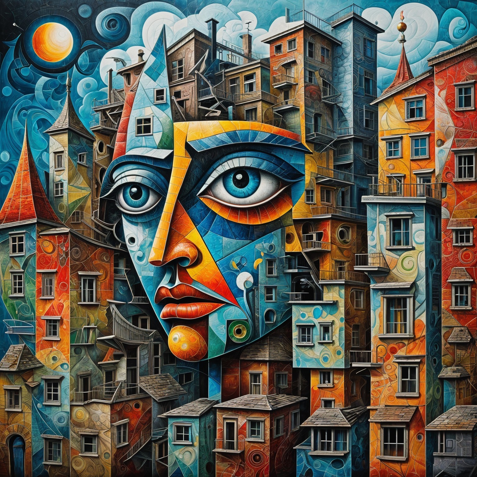 Surreal cityscape with abstract human face and vibrant buildings