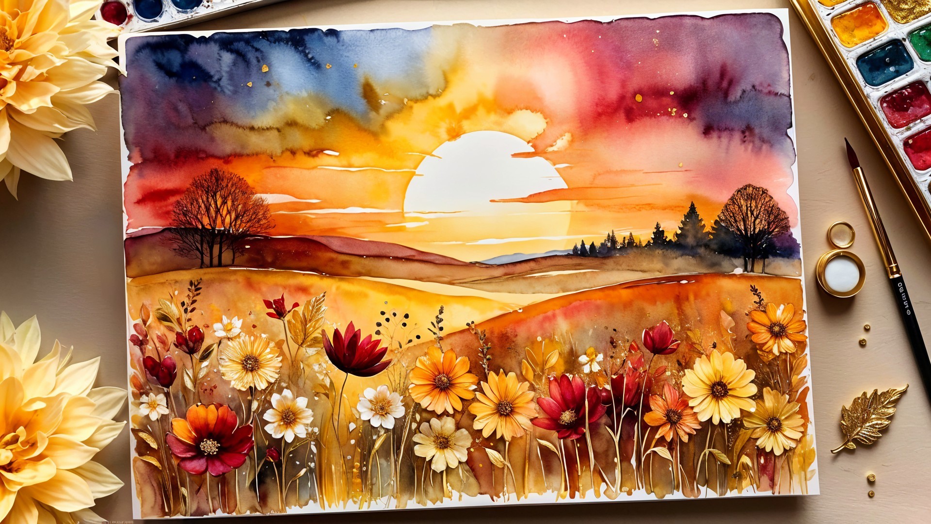 Vibrant Watercolor Landscape of Sunset Over Hills