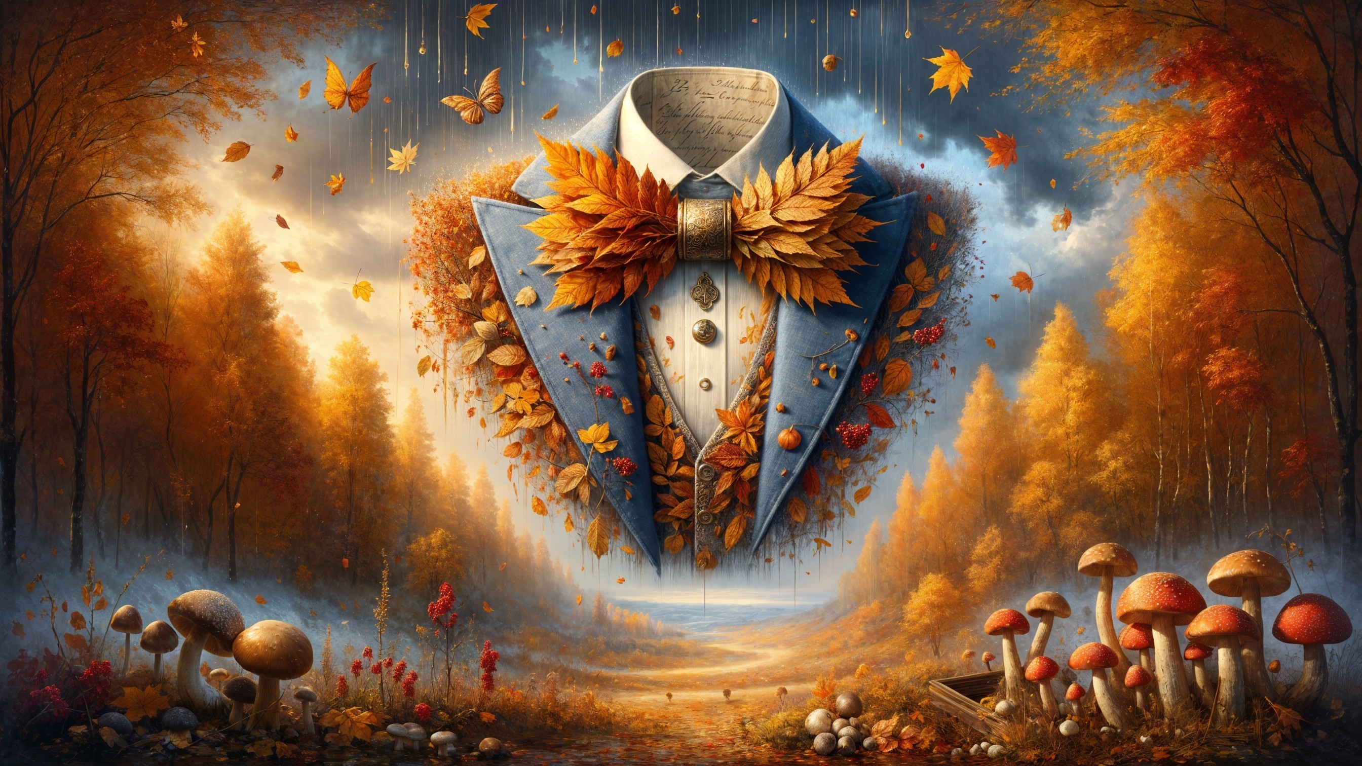 Surreal Landscape with Blue Suit and Autumn Leaves