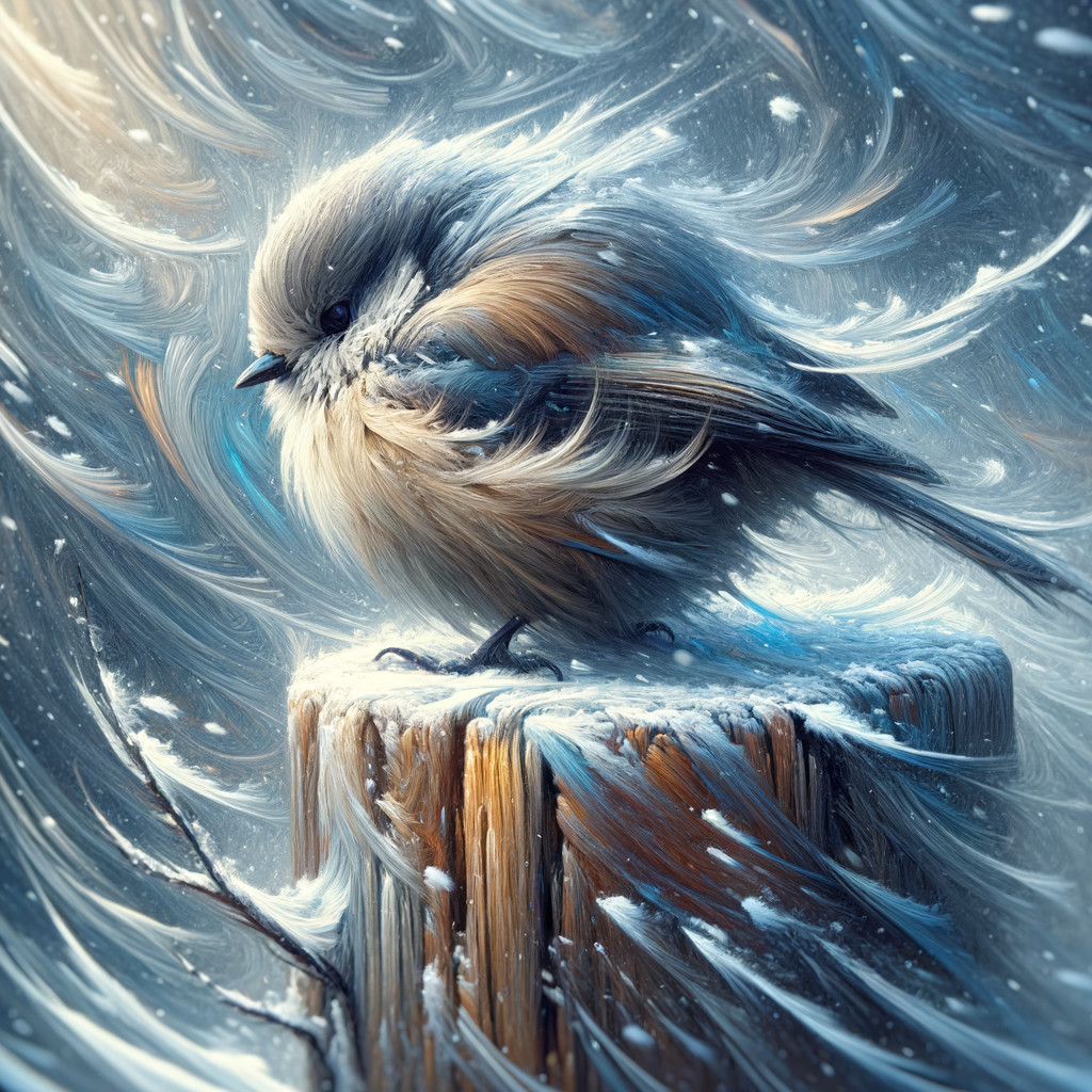 Fluffy Bird on Weathered Stump in Winter Scene
